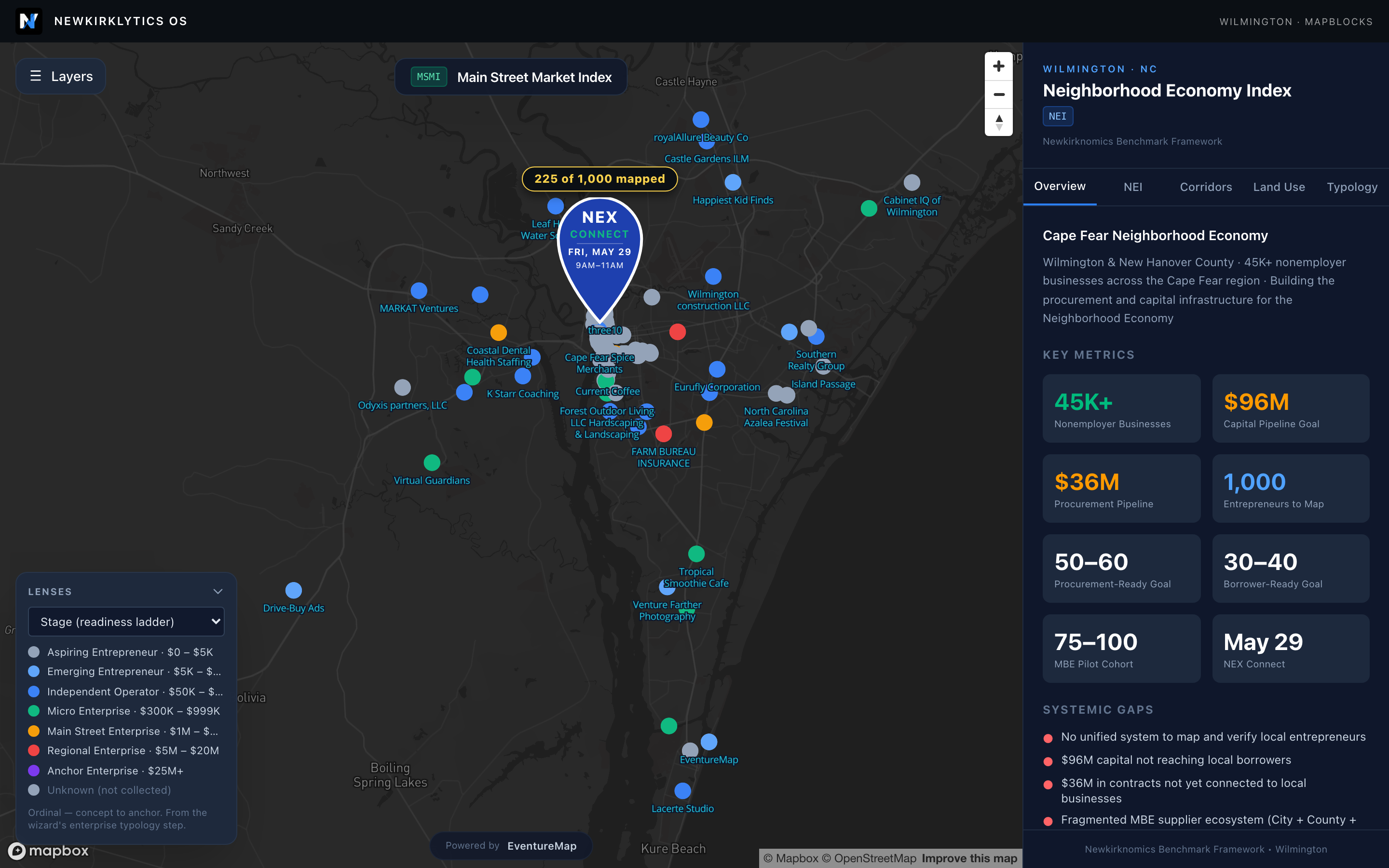 MapBlocks map of Wilmington businesses with a Neighborhood Economy Index data panel