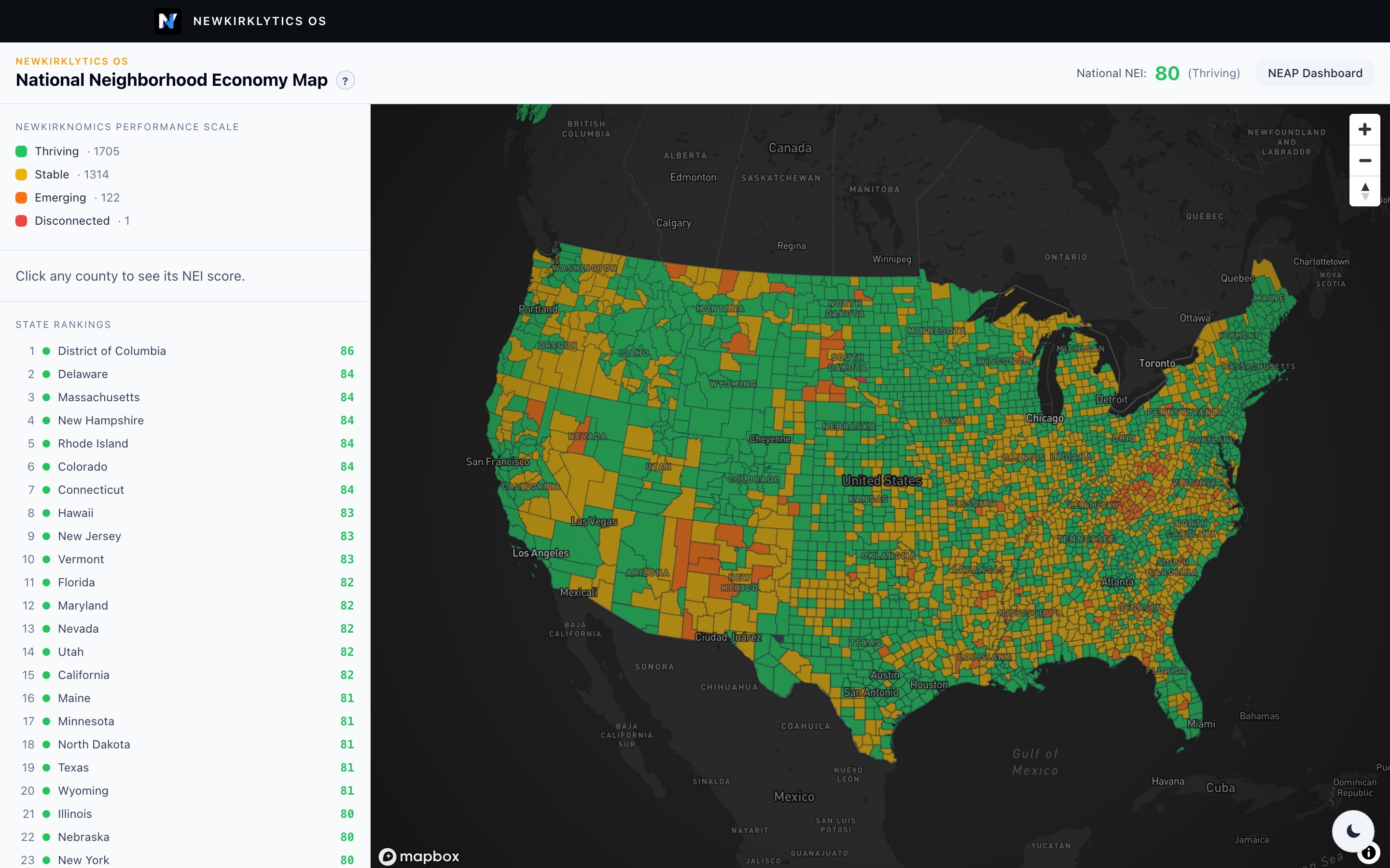 National Neighborhood Economy Index choropleth map of the United States
